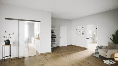 Moderner Wohnflur mit platzsparender Schiebetür auf Laufschiene und hellem Holzfußboden.